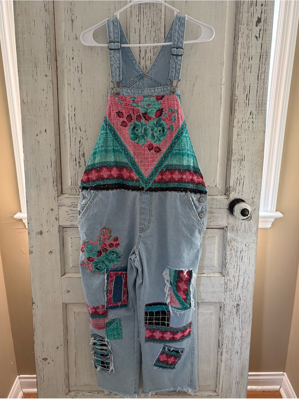 Upcycled Boho Kantha Patch Denim Overalls - Picture 2 of 6